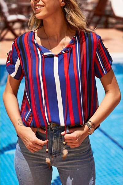 Pasaklı Giyim Жіноча блуза з розрізом на комірі, шнурівкою, віскоза, червона, синя, біла смугаста, короткий рукав, T 4012-1340120