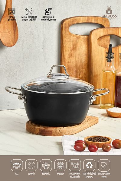 Amboss Dark Deep Pot with Glass Lid Fireproof Non-Stick Titanium Coating - 20 Cm