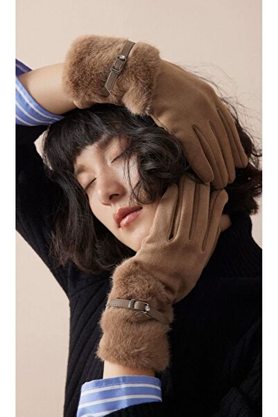 Axesoire 16029-1 Kürklü Kemerli Dokunmatik Vizon Eldiven