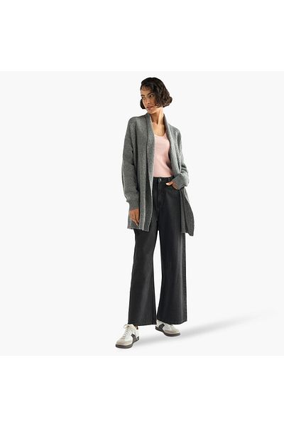 FAV Textured Open Front Cardigan with Long Sleeves