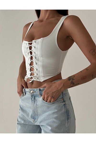 MDZ COLLECTION Önden Bağlama Detaylı Beyaz Askılı Crop