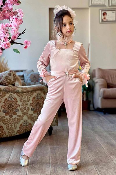 Riccotarz Girl's Sleeves Pearl Embroidered Collar Tulle Detail Square Collar Velvet Powder Jumpsuit