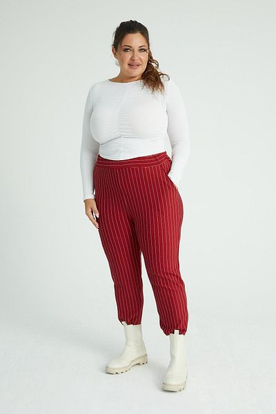 Mooi XXL Women's Burgundy White Striped Flexible Crepe Fabric Trousers