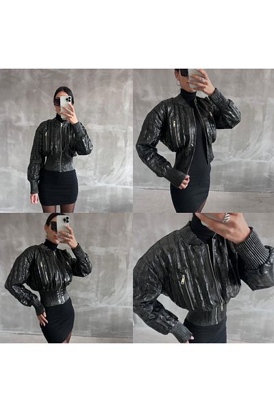 mypagebutik Women's Design Black Bomber Leather Jacket