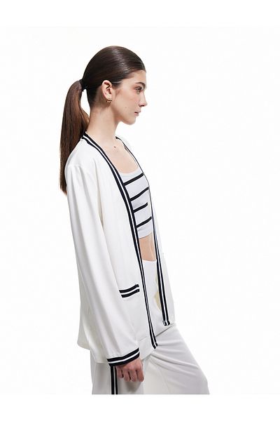 Koton Viscose Blend Long Sleeve Striped Pocket Detailed Cardigan