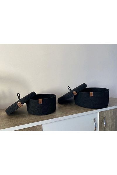 Sevdam Sepet Black Double Lid Basket Set, Cotton Basket Set, Decorative Basket Set, Wicker Basket Set, Cotton Basket