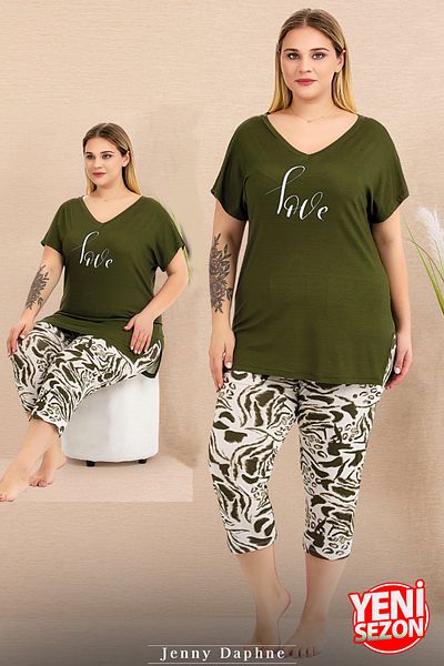 Jenny Daphne Set de pijamale Capri cu mâneci scurte cu imprimeu verde pentru damă, mărime mare, 10715