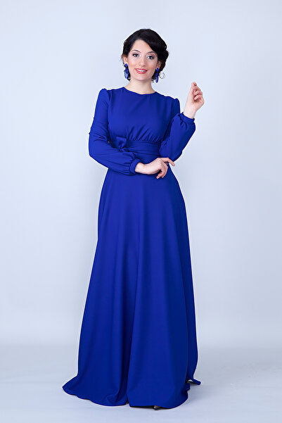 NO48 Sax Bisiklet Yaka Uzun Kol Dokuma Kumaş Beli Büzgülü Kuşaklı Cepli Maxi Boy Davet & Abiye Elbise