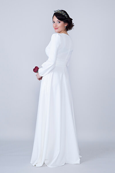 NO48 White Crew Neck Long Sleeve Woven Fabric Waist Shirred Belted Maxi Length Invitation & Evening Dress with Pockets