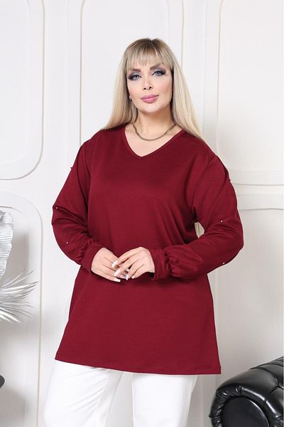 EMEZ Bluză bordei cu mâneci adunate și perle