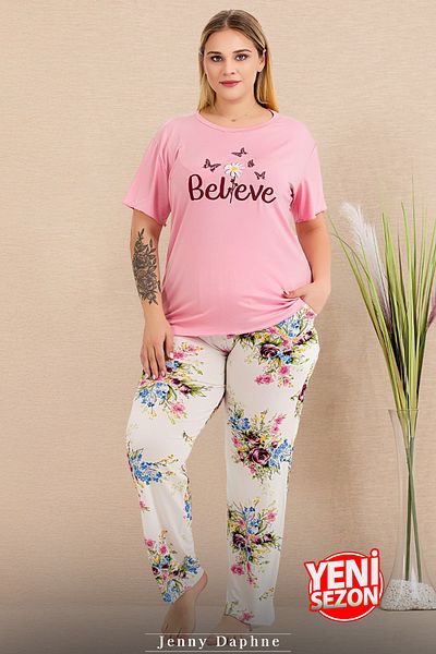 Jenny Daphne Plus Size Floral Print Short Sleeve Pajamas Set - 11005
