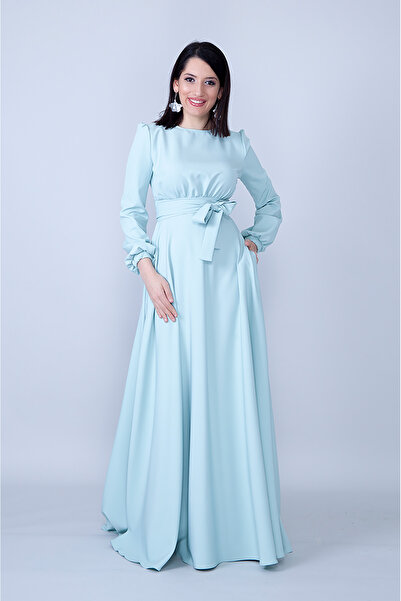 NO48 Mint Bisiklet Yaka Uzun Kol Dokuma Kumaş Beli Büzgülü Kuşaklı Cepli Maxi Boy Davet & Abiye Elbise