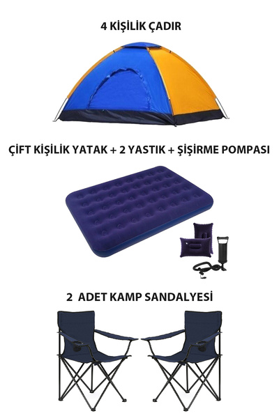 Onetick 4 Kişilik Lüks Kamp Seti Çadır 2 Sandalye Yatak ve Yastık