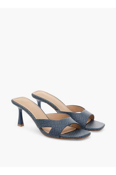 Flora Bella by Shoexpress Flora Bella Monogram Print Slip-On Sandals with Flared Heels