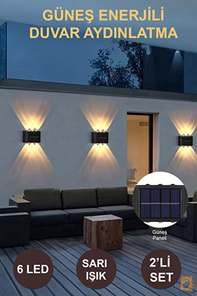 ebulduk Güneş Solar Enerjili Aplik Işık-2 Adet 6 Ledli Sarı Günışığı- Dekorat...