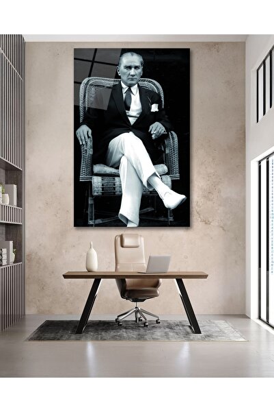 BestSanat Atatürk Siyah Beyaz Cam Tablo