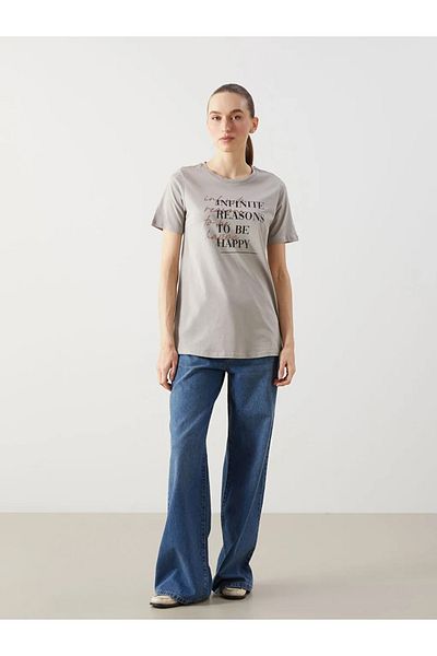 LC Waikiki Lcw Eco Gray Crew Neck Printed Women's T-Shirt
