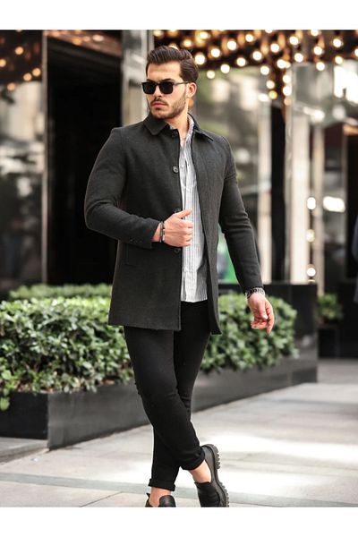 Mero Life Ανδρικό παλτό με πέτο με καρφίτσα από ανθρακί