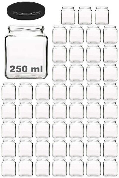 Afracam 250 ml Metal Siyah Kapaklı Kare Kavanoz 250 Cc Şeffaf Köşeli Kavanoz 50 Adet