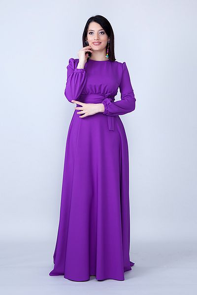NO48 Purple Crew Neck Long Sleeve Woven Fabric Waist Drawstring Belted Maxi Length Invitation & Evening Dress with Pockets