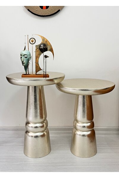 ASELYA HOME Ahşap 2’li Set Handmade Mantar Yan Sehpa Modern Gümüş Renk Varak ...