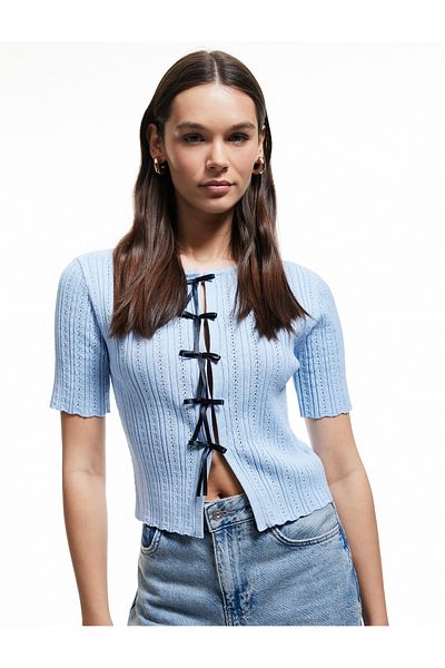 Koton Viscose Crew Neck Short Sleeve Bow Knitwear Cardigan