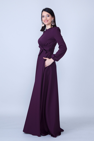 NO48 Mürdüm Bisiklet Yaka Uzun Kol Dokuma Kumaş Beli Büzgülü Kuşaklı Cepli Maxi Boy Davet & Abiye Elbise