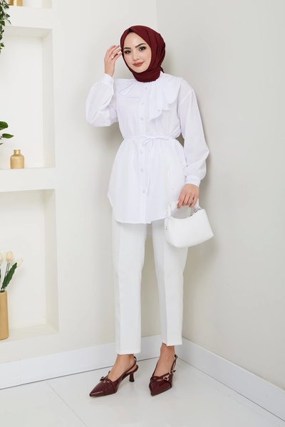 Nevayla Moda قميص بتفاصيل تصميمية وربطة عنق - أبيض / Ü102