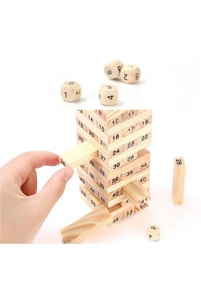 Wiss Toy 54-Piece Wooden Tower Building Block And 4-Piece Dice Stacker