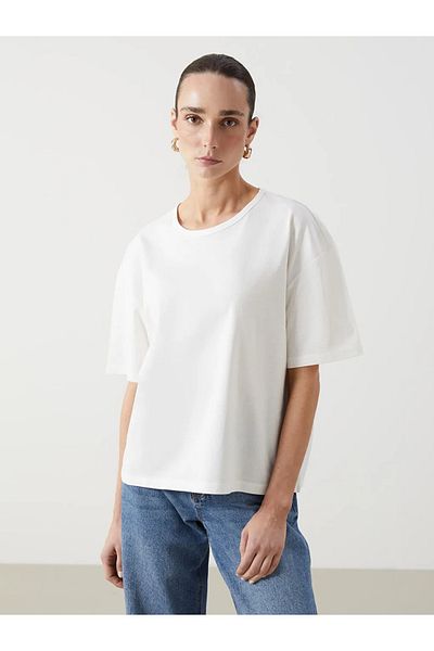 LC Waikiki Lcw Eco Ecru Crew Neck Oversize Women's T-Shirt