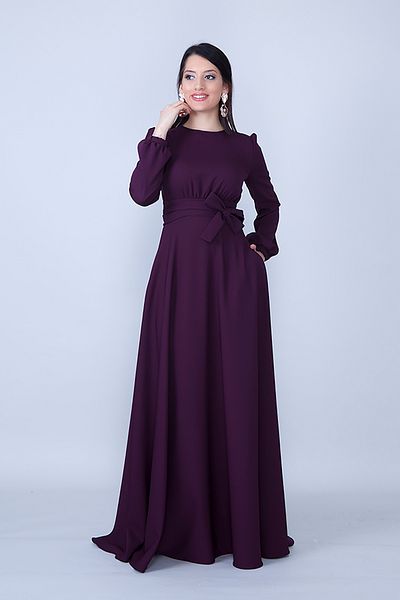 NO48 Plum Crew Neck Long Sleeve Belted Maxi Length Invitation & Evening Dress with Pockets