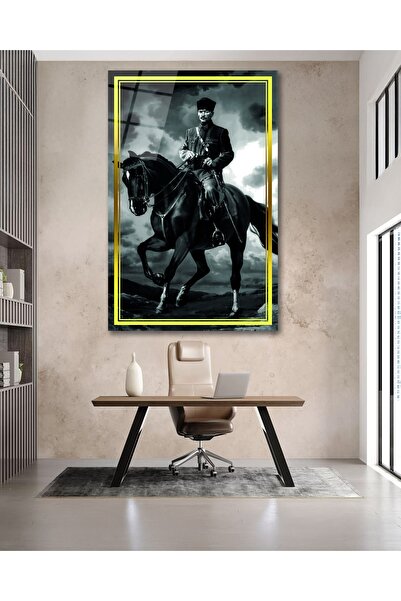 BestSanat Sarı Çerçeve Görünümlü  At Üstünde Atatürk Cam Tablo