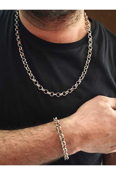 Kusakli Set of 2 Thick Doç Model Men's Chain Necklace and Bracelet