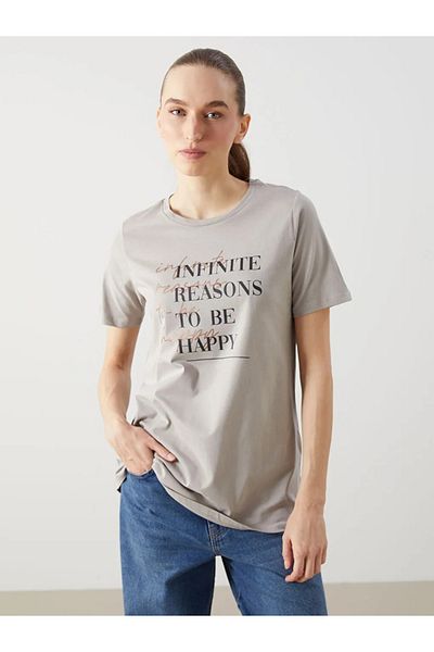 LC Waikiki Lcw Eco Gray Crew Neck Printed Women's T-Shirt