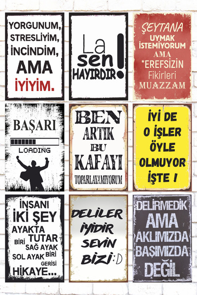 Hayat Poster 9 Parça Karışık Yazılı Ahşap Tablo Seti esprili komik sözler duvar yazıları