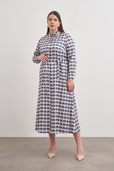 Aker Desenli Kemerli Gömlek Elbise