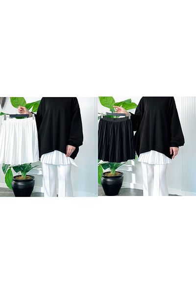 Modahiro Elastic Pleated Skirt Ecru-Black 2 Pack Mdh1535
