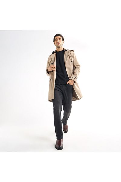 FAV Belt Detail Trench Coat with Pockets and Notch Lapel