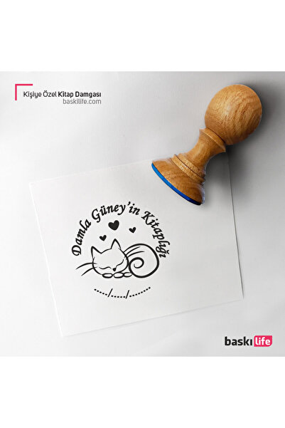 Baskı Life Kalp Kedi Kişiye Özel Kitap Damgası Kitap Mührü Kaşe Kitap Mühür Ö...