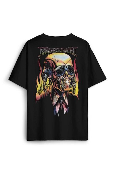 Kendim Seçtim Tricou negru supradimensionat cu model cu craniu Megadeth - Tricou cu imprimeu unisex Metal Music Back
