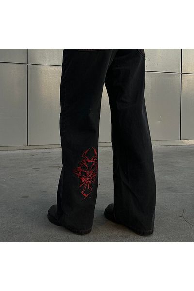 Karakedi Black Embroidered Skeleton Heaven Can Wait Streetwear Jean Trousers