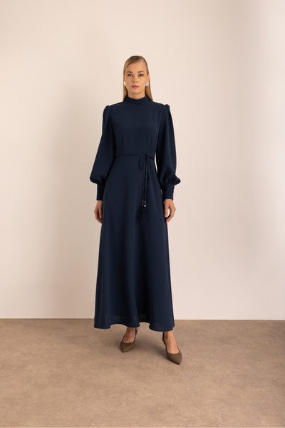 Aker Lacivert Bağcık Detaylı Dokuma Elbise