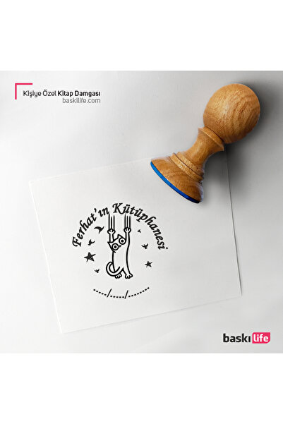 Baskı Life Kedi Yıldızlar Kişiye Özel Kitap Damgası Kitap Mührü Kaşe Kitap Mü...