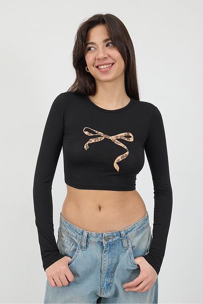 Addax Φιόγκος εμπριμέ μακρυμάνικη μπλούζα Crop P1651-m3