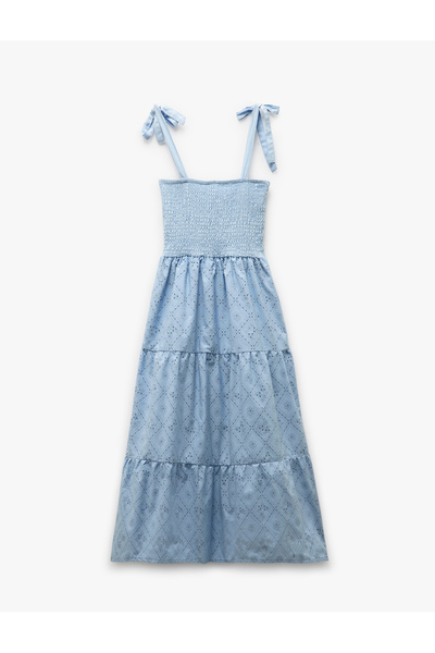 Koton Довга фісташкова сукня на товстих бретелях Gipeli з багатошаровим бантом