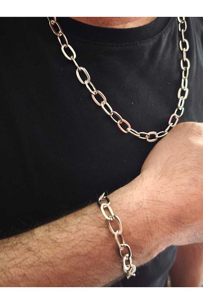 Kusakli Set of 2 Thick Sailor Model Men's Chain Necklace and Bracelet