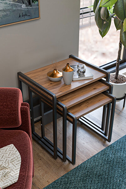 Wood House Lavisa 3'lü Zigon Sehpa (TEKERLİ) Çam-antrasit