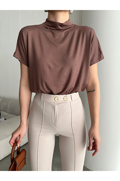 Look Forward Γυναικεία μπλούζα με γιακά καφέ με βισκόζη ελαστικό ύφασμα με ανοιχτό ώμο