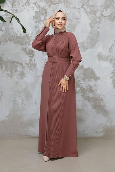 Neva Style Rochie Hijab Dusty Rose cu centură cu cataramă 65879GK