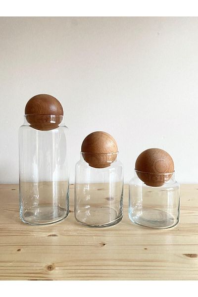 Bizim evimiz Glass Jar with Wooden Ball Lid Set of 3